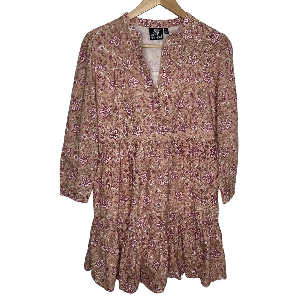 Madison Mathews Women Cotton Tiered Mini Dress Small Beige Pink Floral Boho